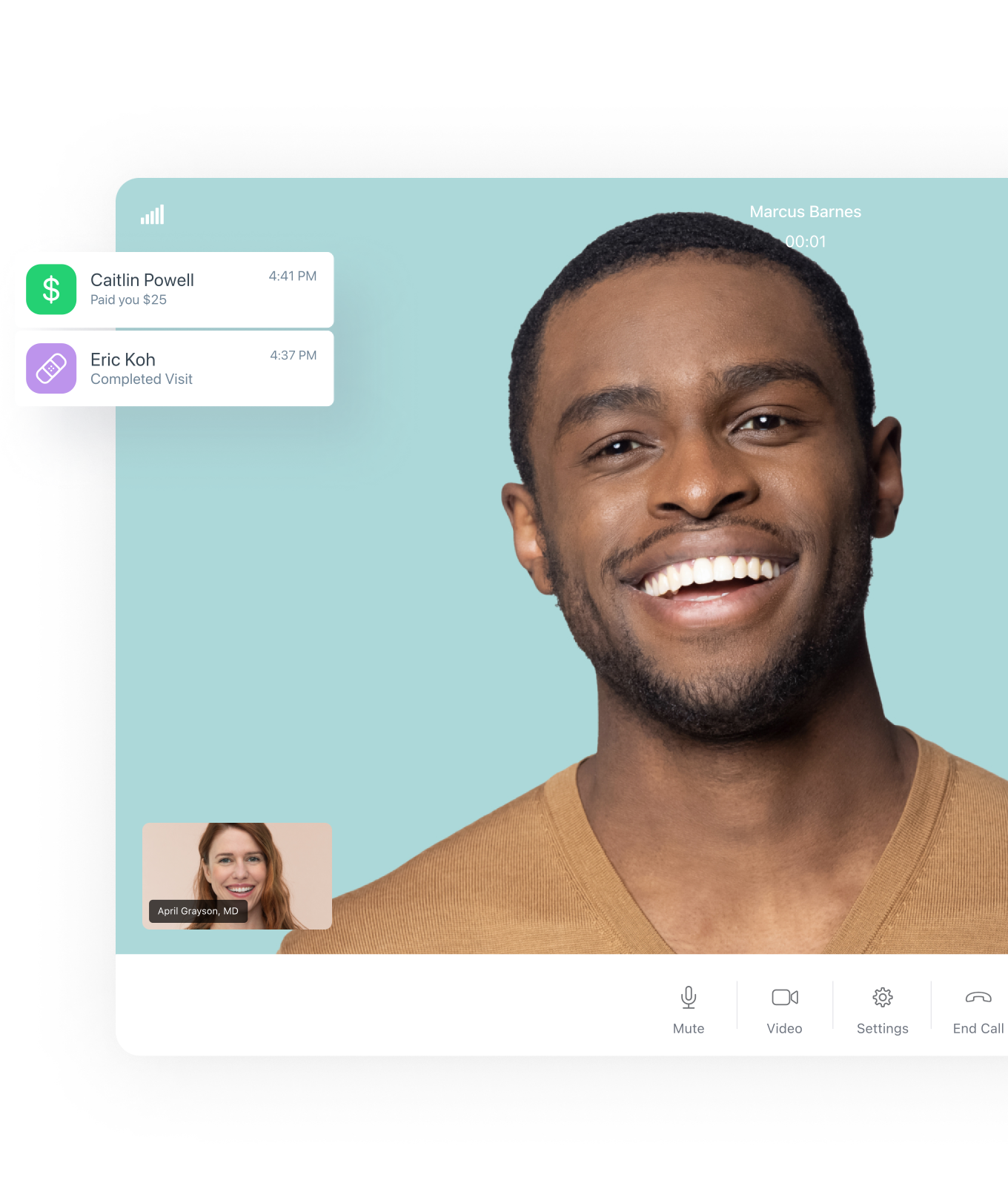 Video visit with patient payment and visit notifications in the Spruce app